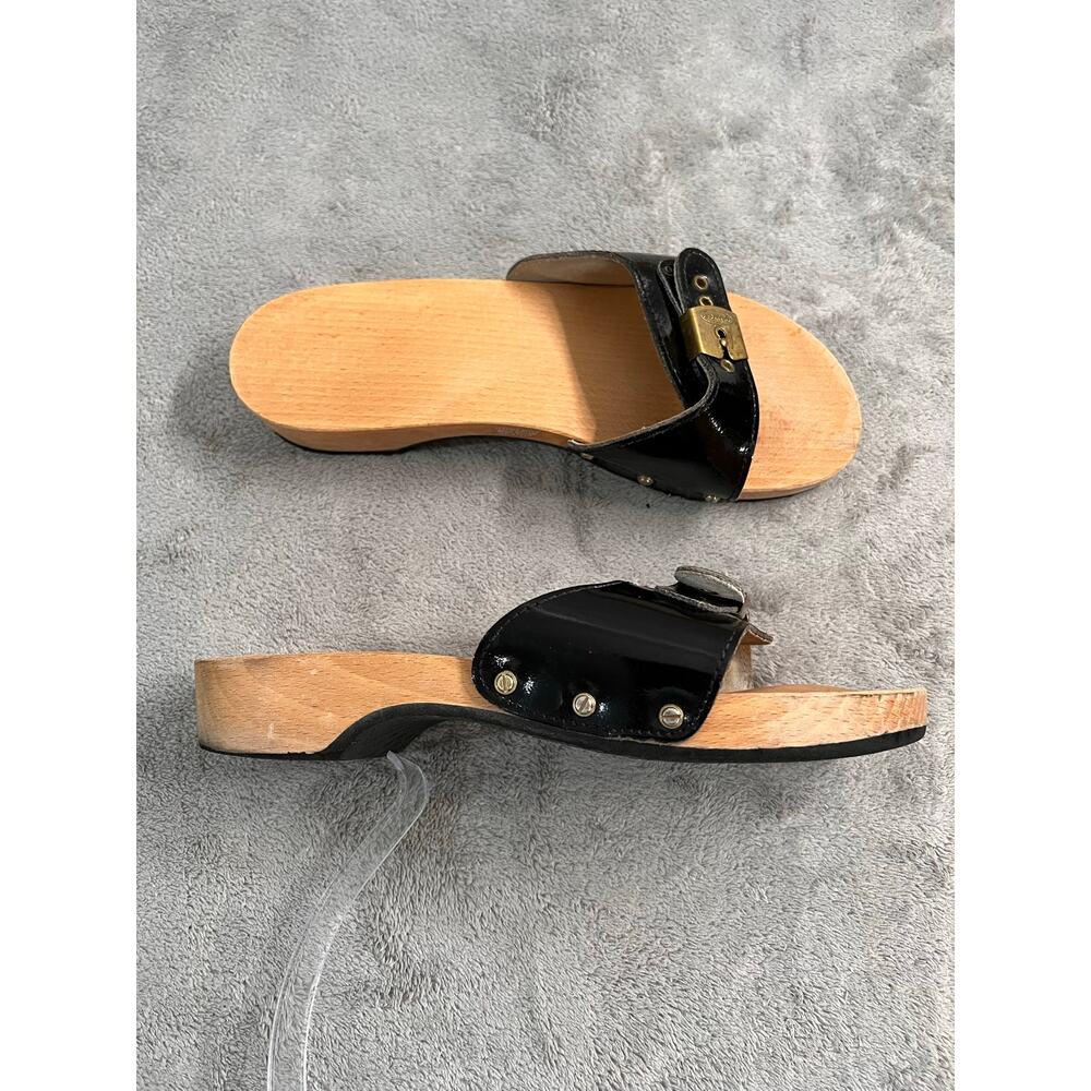 Dr. Scholl's Vintage 1980's Black Patent Leather Wooden Slip On Sandal Size 8